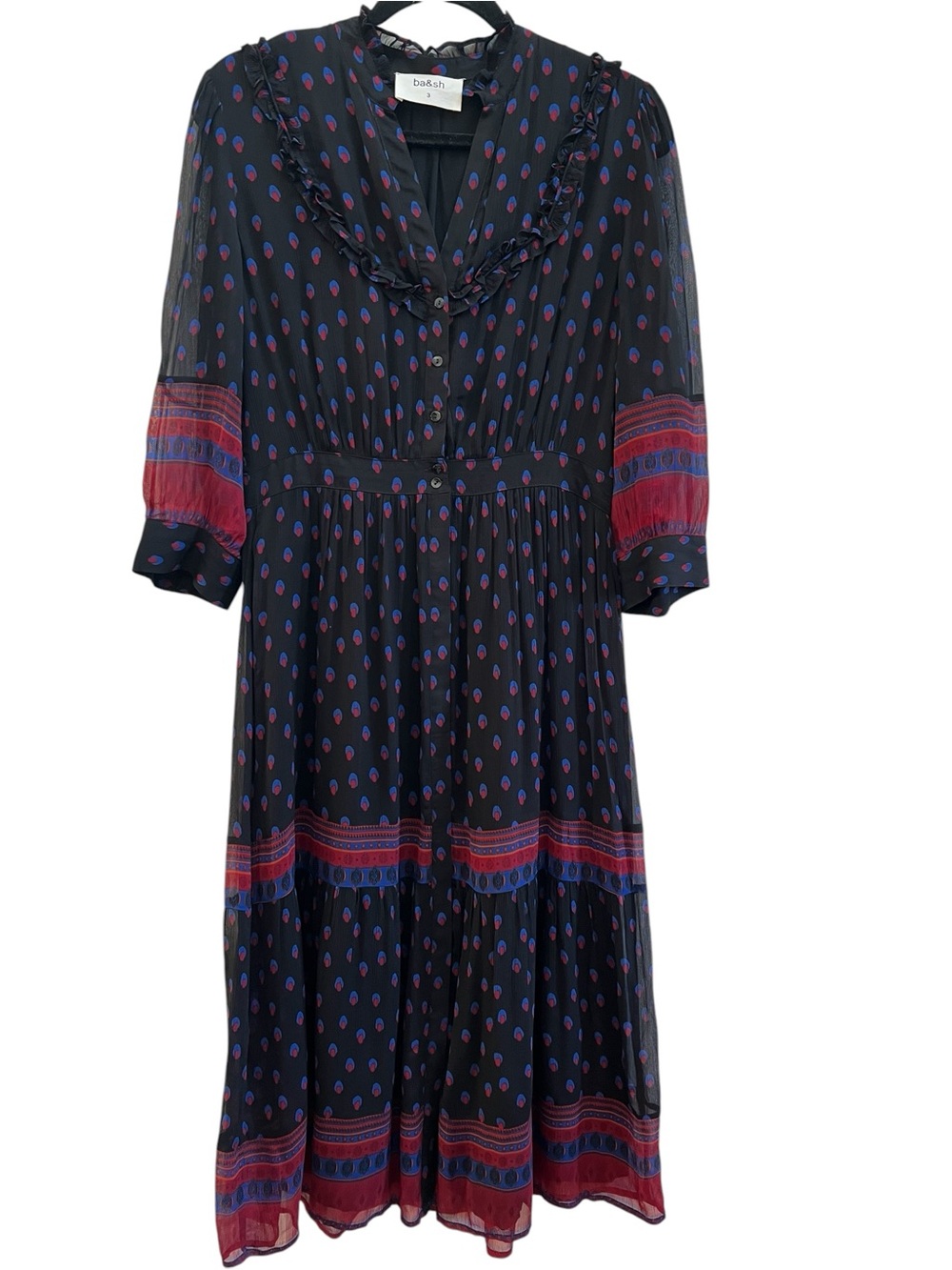 ba&sh Barie Noir Geometric Print Ruffle Midi Dress Size 3 US 10 Parisian Boho - Picture 2 of 7